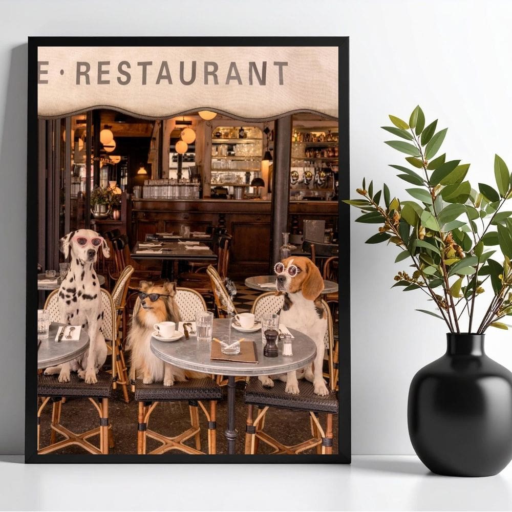 Quadro Cães Na Cafeteria Restaurante 33X24Cm - Com Vidro