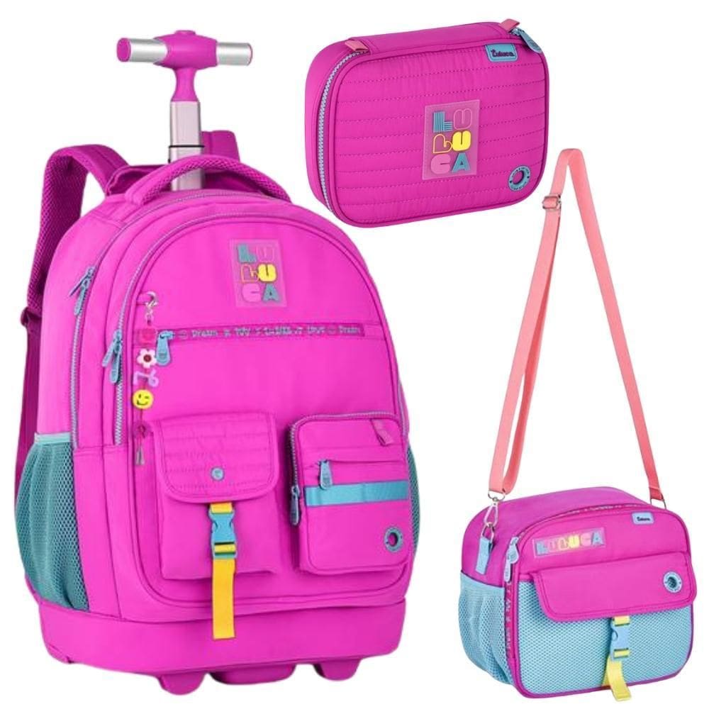 Kit Mochila Rodinhas Em Nylon Oficial Luluca Lu24599 Rosa