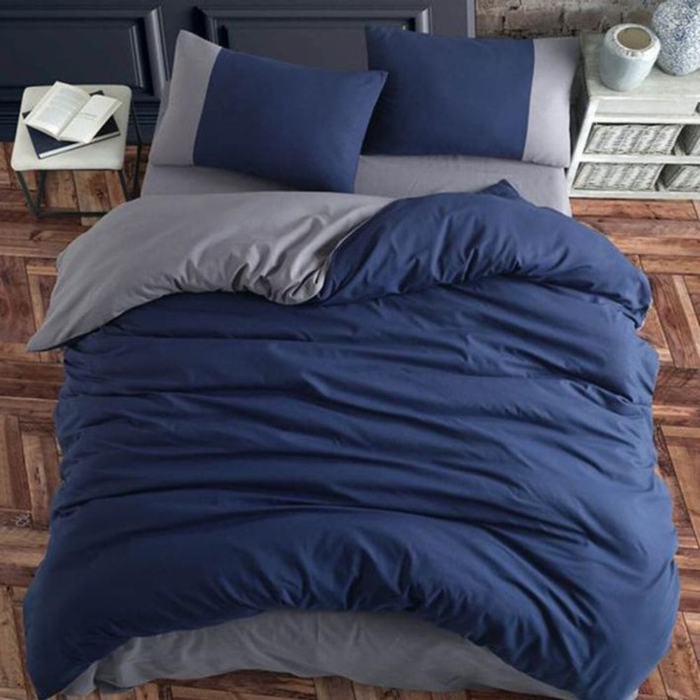 Jogo De Cama Casal King Marinho Com Cinza 7 Pç Com Edredom