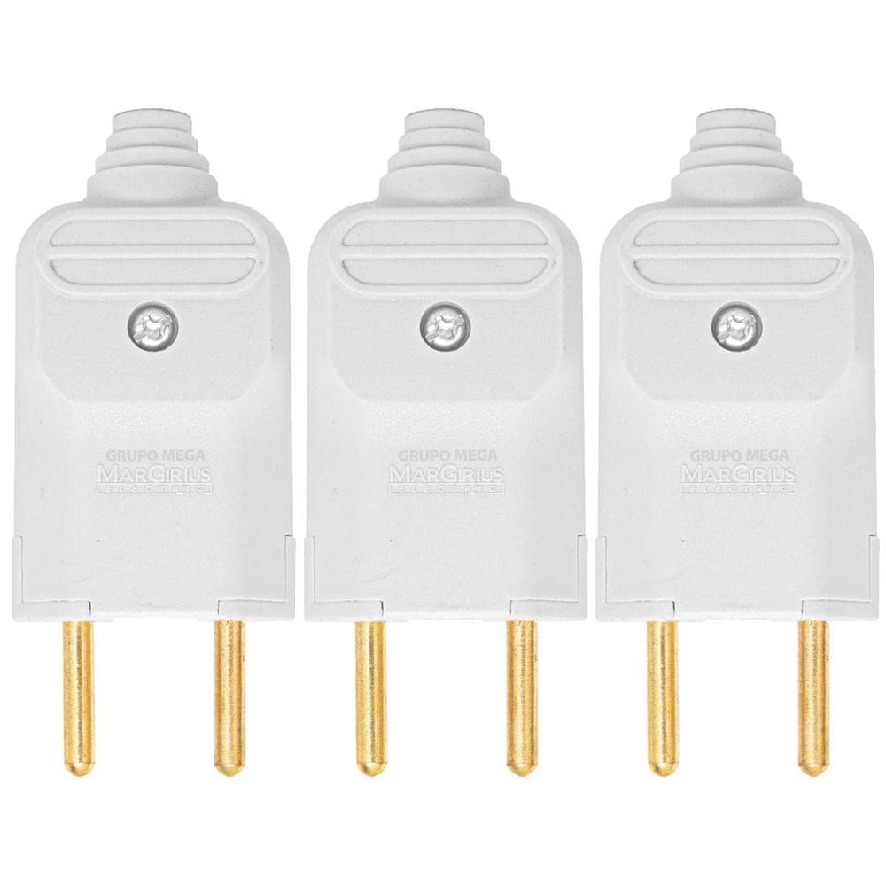 Kit 3 Tomada Plug Macho Prensa Cabo 2 Pinos Finos 10A Branco