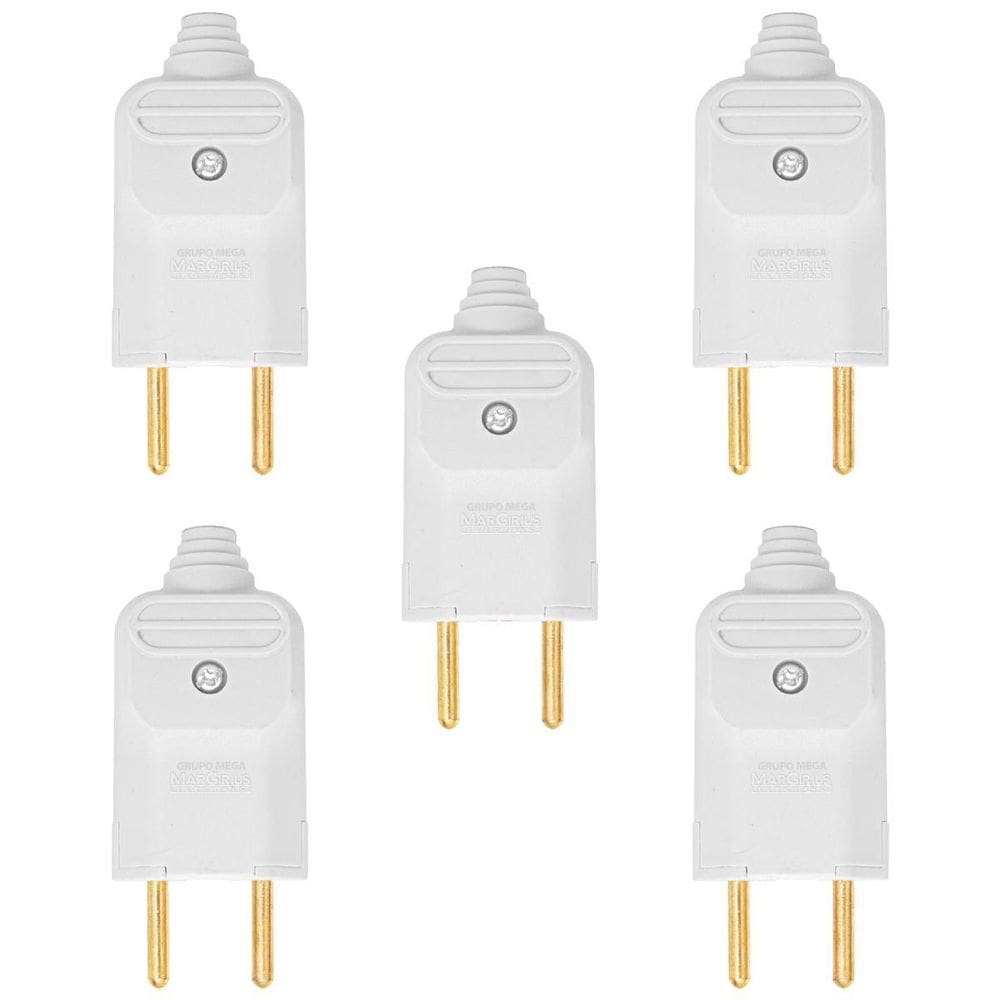Kit 5 Tomada Plug Macho Prensa Cabo 2 Pinos Finos 10A Branco
