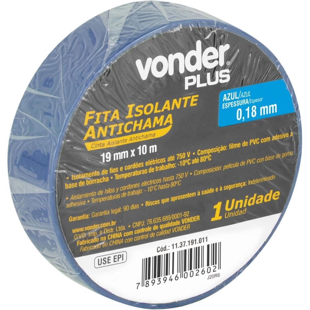 Fita Isolante 19Mmx10M Azul Vonder Plus Classe A