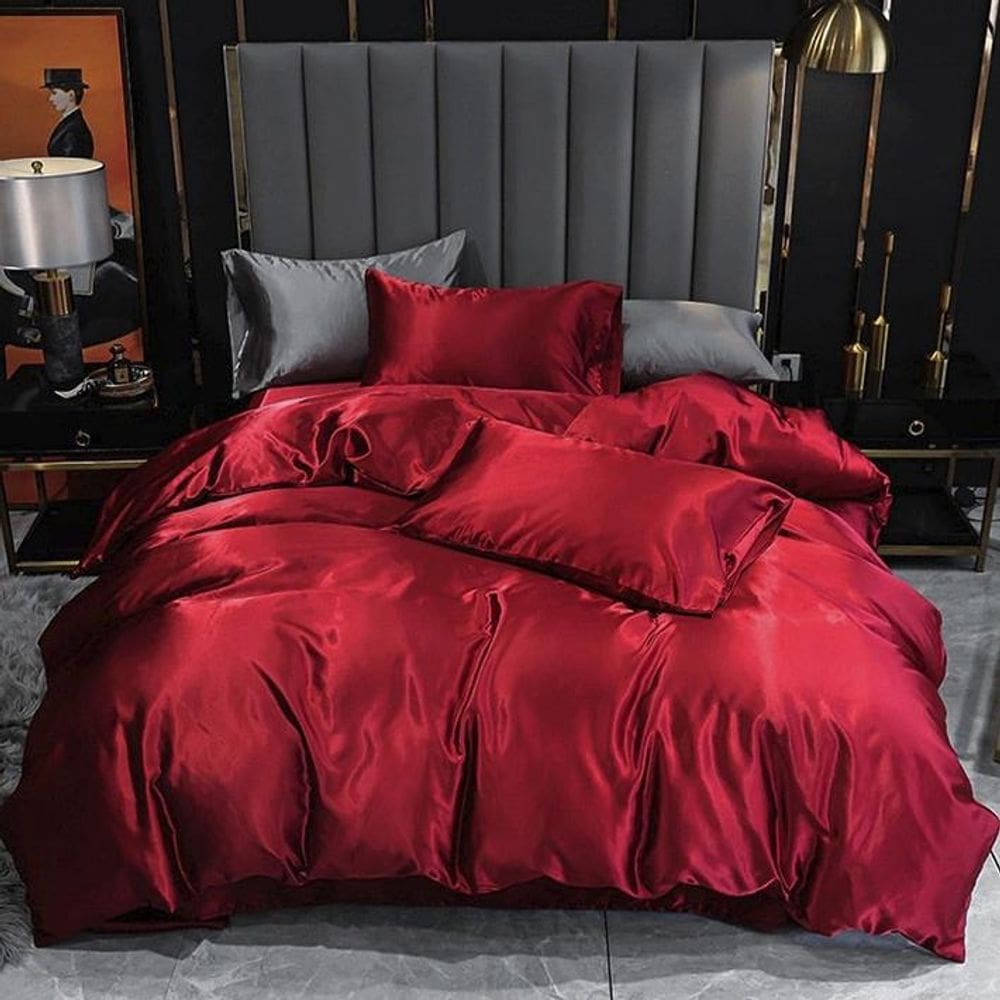 Jogo De Cama Casal Comum Cetim Toque Seda 7 Peças Vermelho
