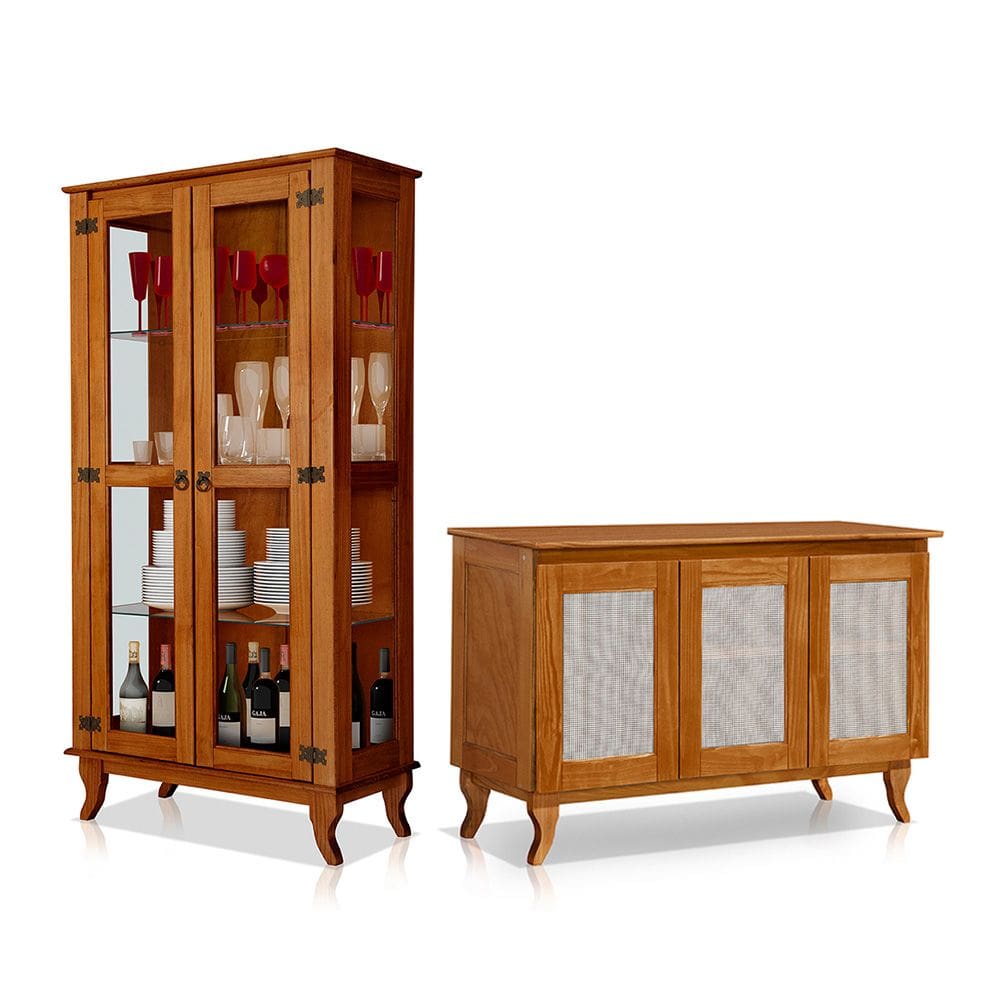 Kit Sala de Jantar Cristaleira com Buffet 3 Portas em Madeira Maciça Acabamento Premium Castanho