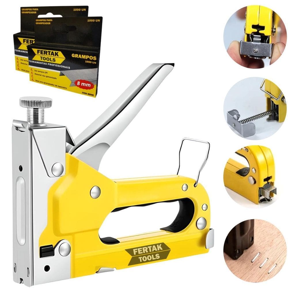Grampeador Tapeceiro Madeira Pressão + 2000 Grampos 8Mm