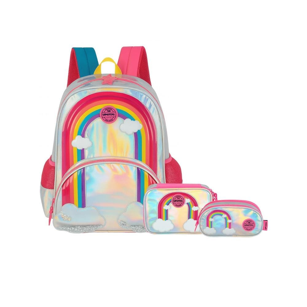 Kit Escolar Arco-Íris Mochila De Costas +Estojo Box E Triplo