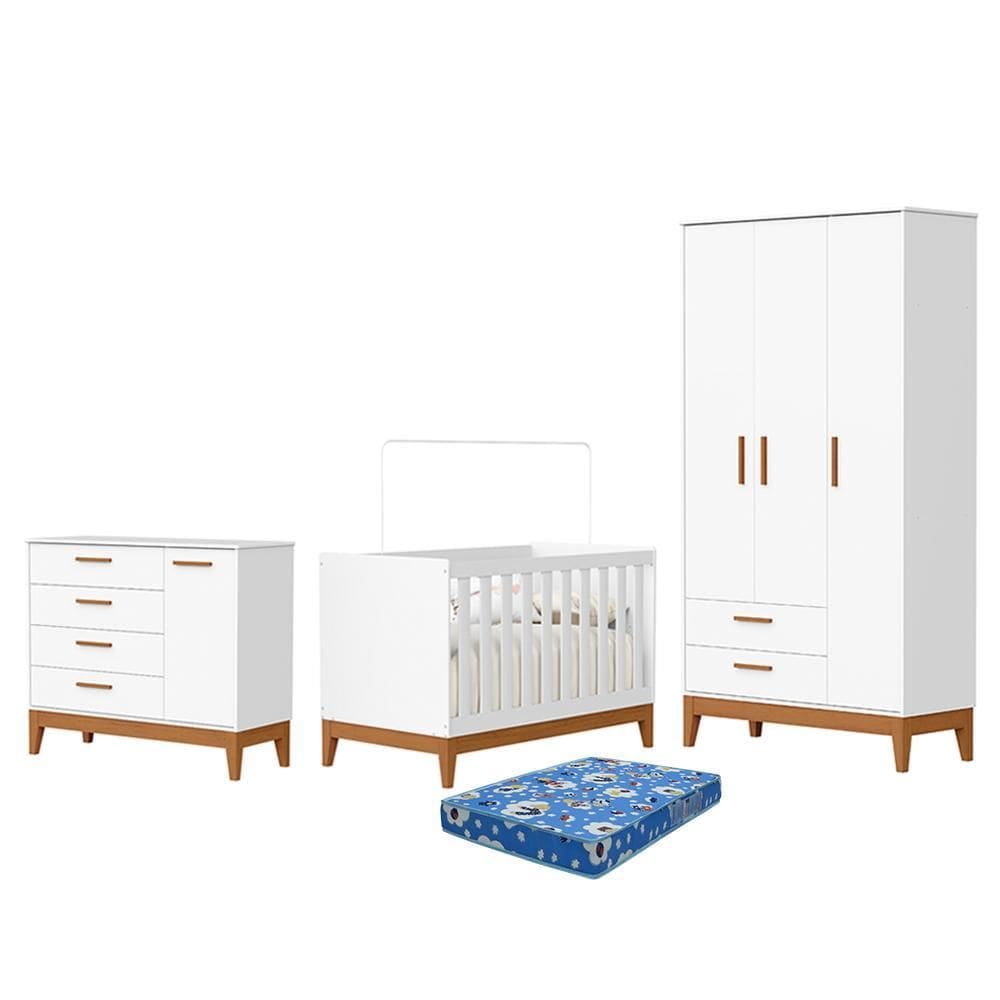 Dormitório Infantil Flip Guarda Roupa 3 Portas, Cômoda 1 Porta e Berço com Colchão Physical - Reller Móveis