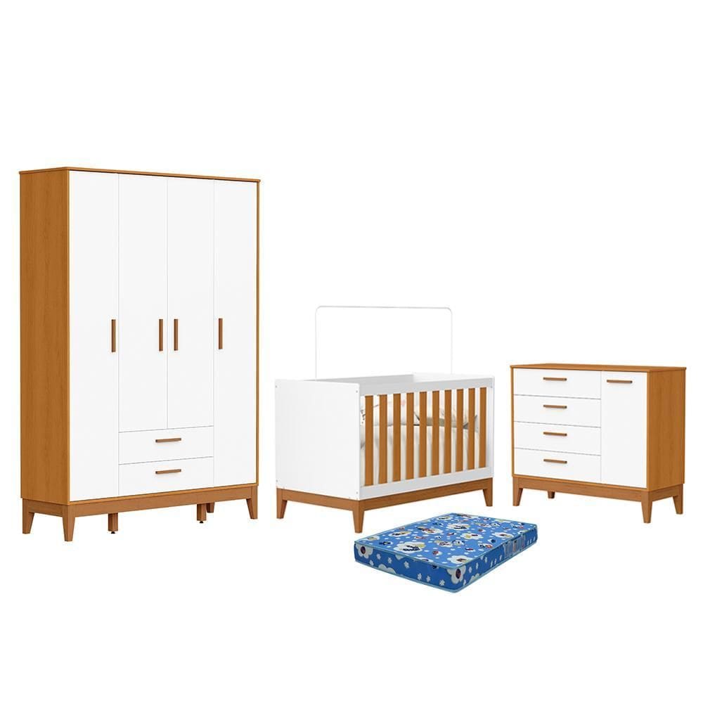 Dormitório Infantil Flip Guarda Roupa 4 Portas, Cômoda 1 Porta e Berço com Colchão Physical - Reller Móveis