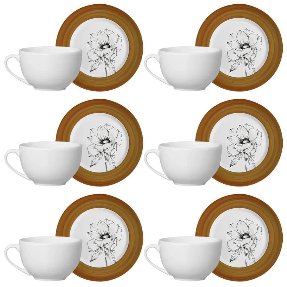 Kit 6 Xícaras Cerâmica Chá Café Pires Flor Minimalista 250Ml