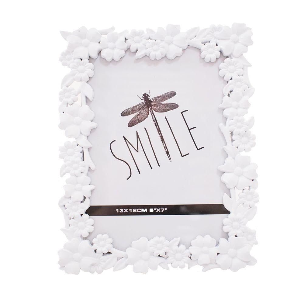 Porta Retrato Plástico Branco Flores Para Decorar 13X18 Cm