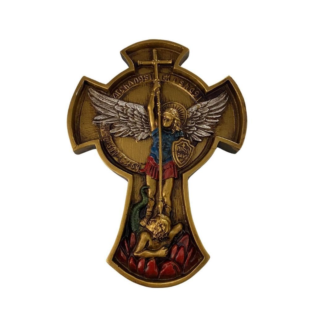 Cruz São Miguel Arcanjo Escultura Decorativa 22 Cm Em Resina