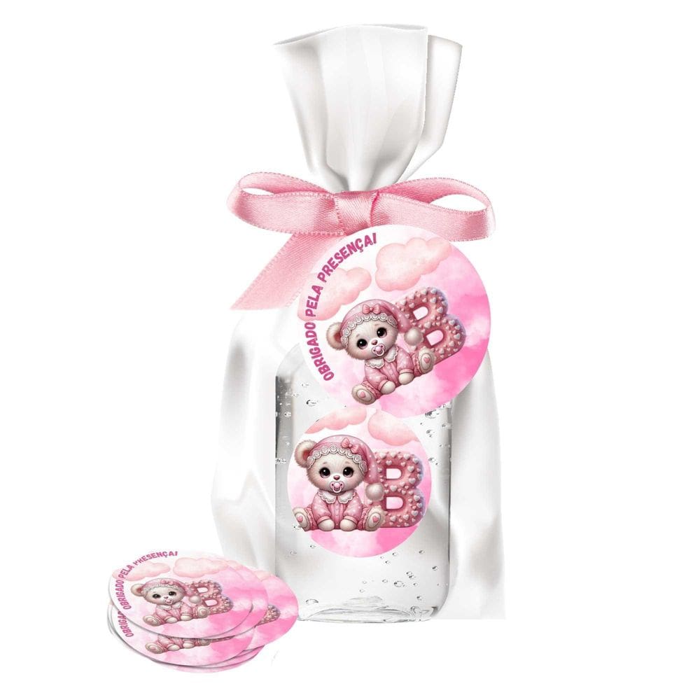 Kit 25 Lembrancinhas Alcool Gel Ursinha Rosa Letra B