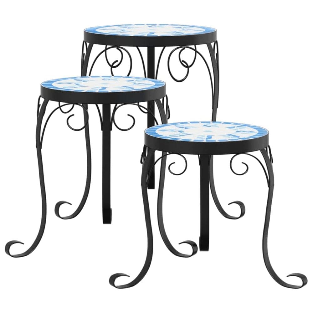 Plant Stands VidaXL Mosaic Cerâmica/Ferro, 3 peças, azul/branco