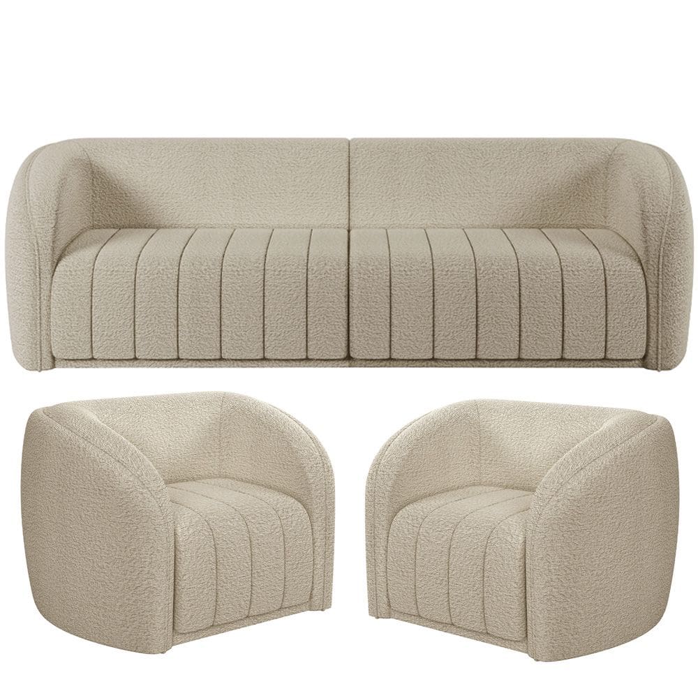 Kit Sofá 5 Lugares Para Sala 332cm com 02 Poltronas Lazio M03 Bouclê Bege - Lyam Decor