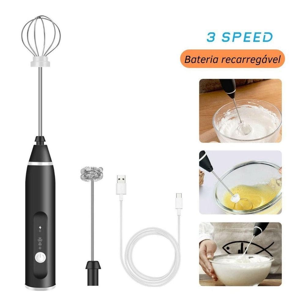 Mixer Misturador 3 Velocidades Bateria Recarregável - Preto