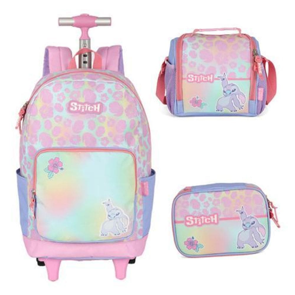 Kit Mochila Com Rodinhas Escolar Stitch E Angel