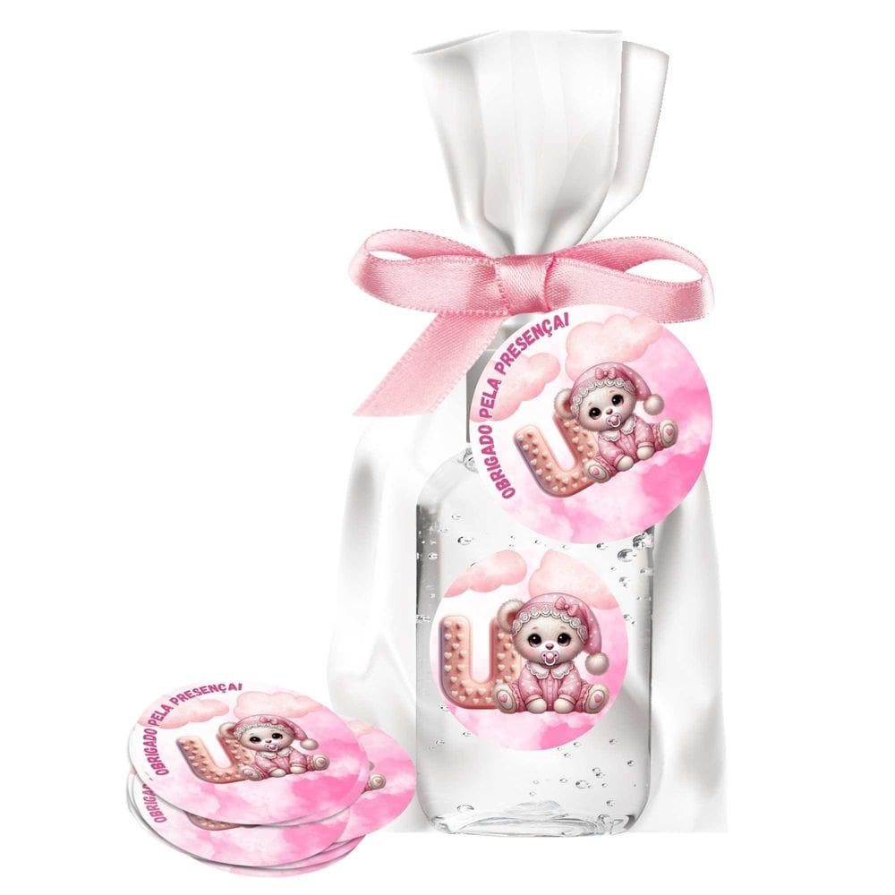 Kit 25 Lembrancinhas Alcool Gel Ursinha Rosa Letra U