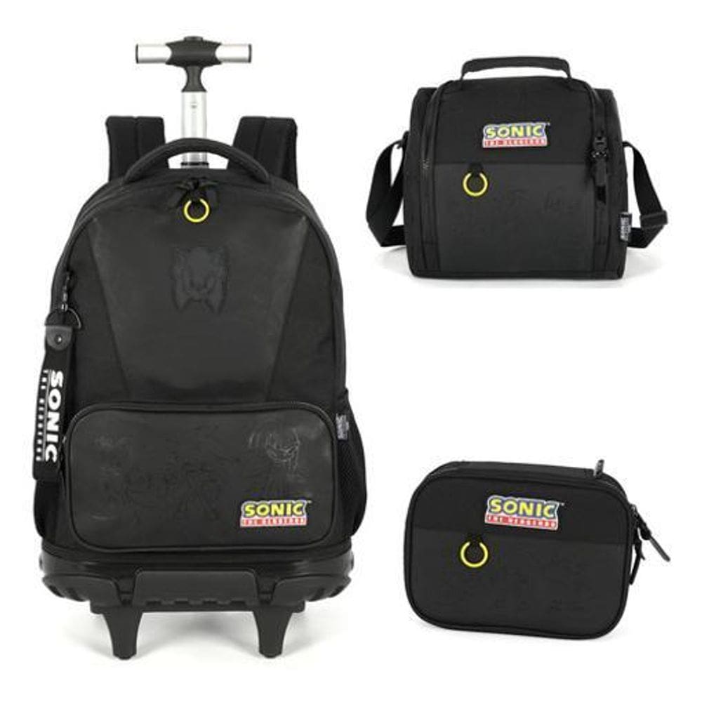 Kit Mochila Rodinhas Lancheira Estojo Sonic