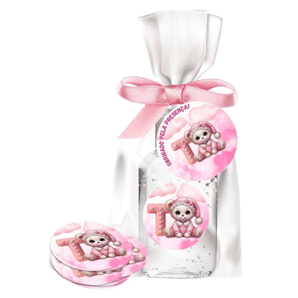 Kit 25 Lembrancinhas Alcool Gel Ursinha Rosa Letra T