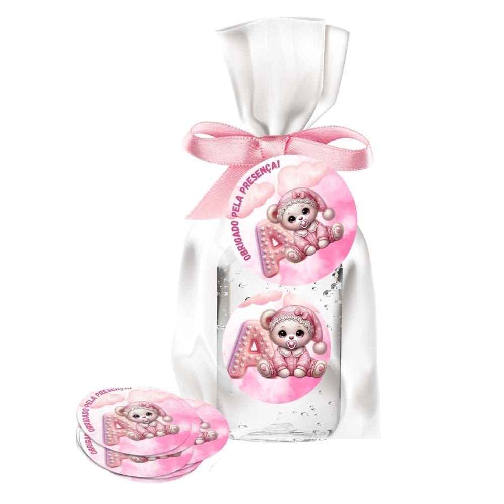 Kit 25 Lembrancinhas Alcool Gel Ursinha Rosa Letra A