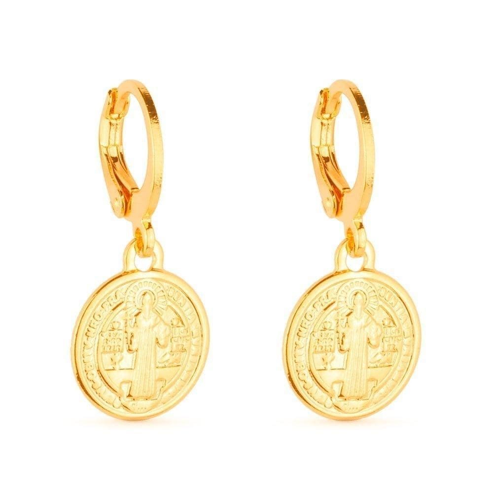 Brinco Dourado De Argolinha Com Medalha Religiosa