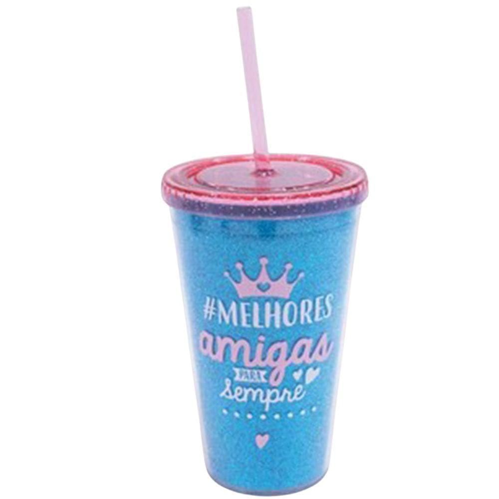 Copo Azul Com Canudo Melhores Amigas 450Ml