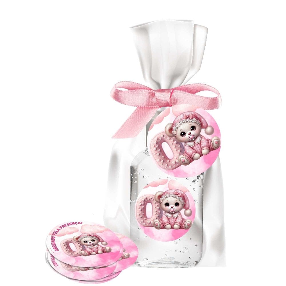 Kit 25 Lembrancinhas Alcool Gel Ursinha Rosa Letra O