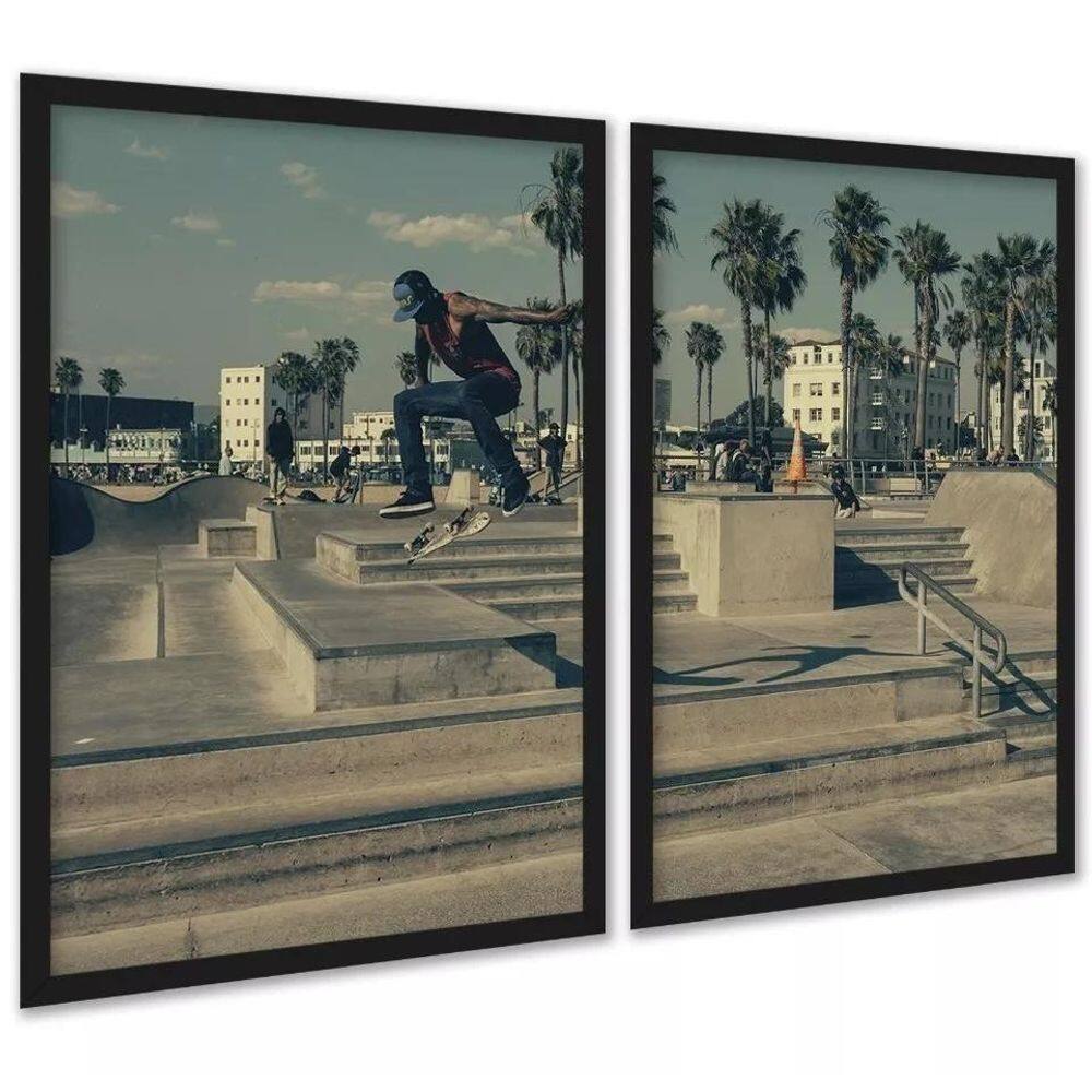 Kit 2 Quadros Skate Skatista Flip Manobra 24X18Cm - Vidro