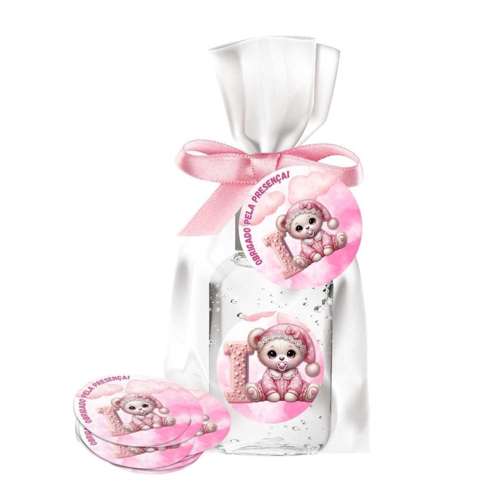 25 Lembrancinhas Alcool Gel Ursinha Rosa Alfabeto Letra I