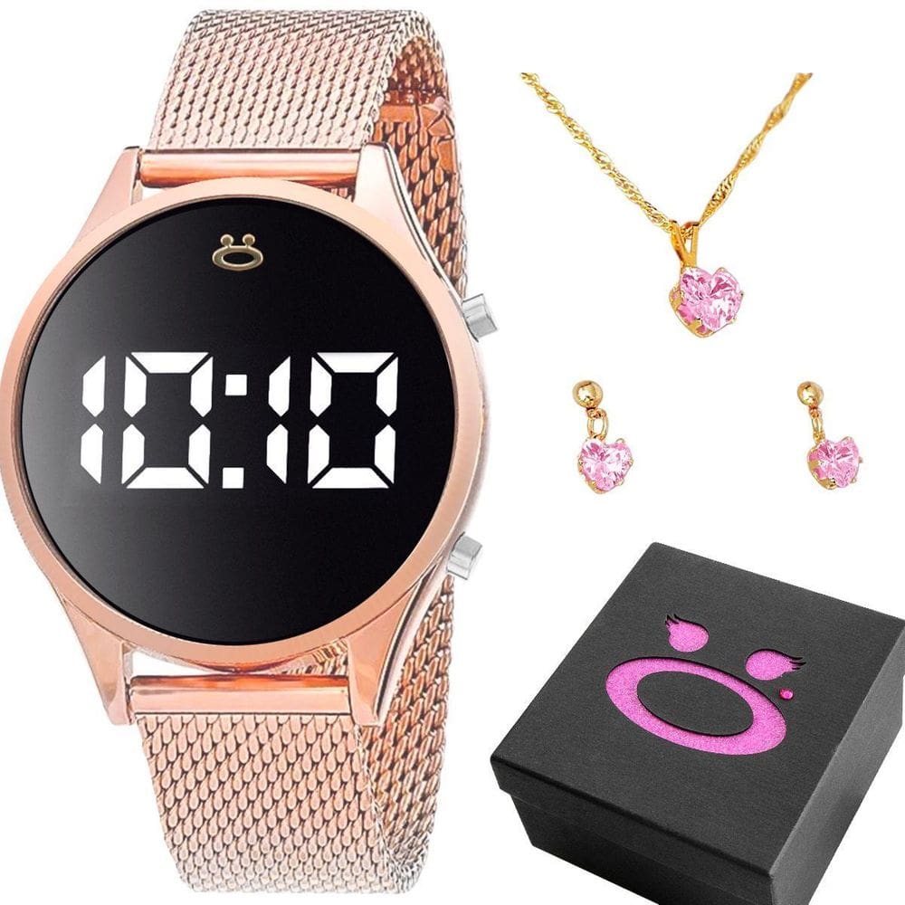 Relogio Feminino Digital Led + Colar Strass + Caixa + Brinco