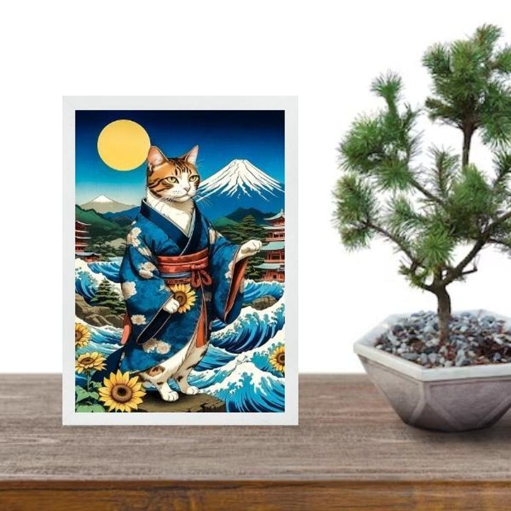 Quadro Arte Oriental - Gato Com Girassóis 45X34Cm - Vidro