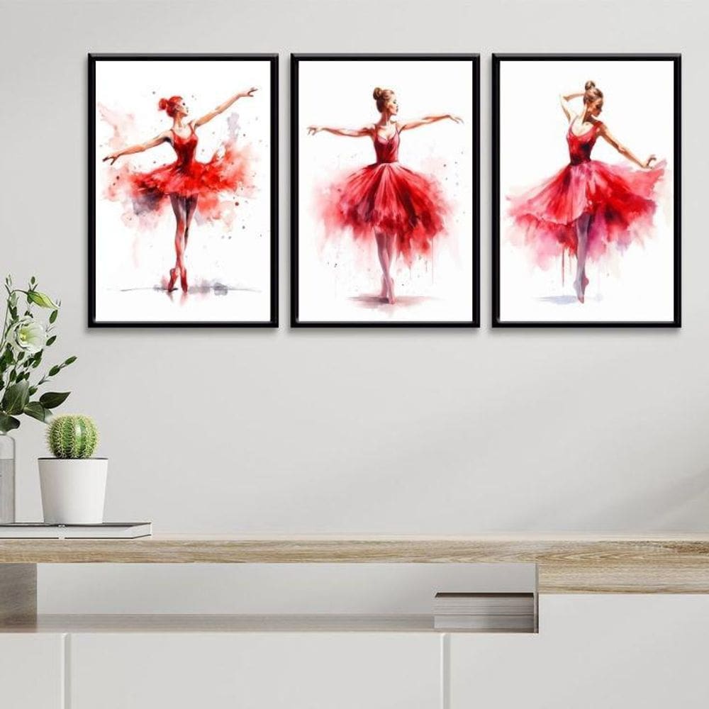 Kit 3 Quadros Bailarinas Vermelhas - Aquarela 24X18Cm Vidro