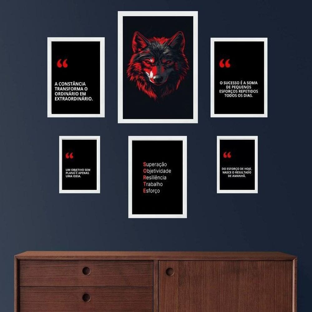 Composição 6 Quadros Motivacionais Sucesso - Lobo - Vidro