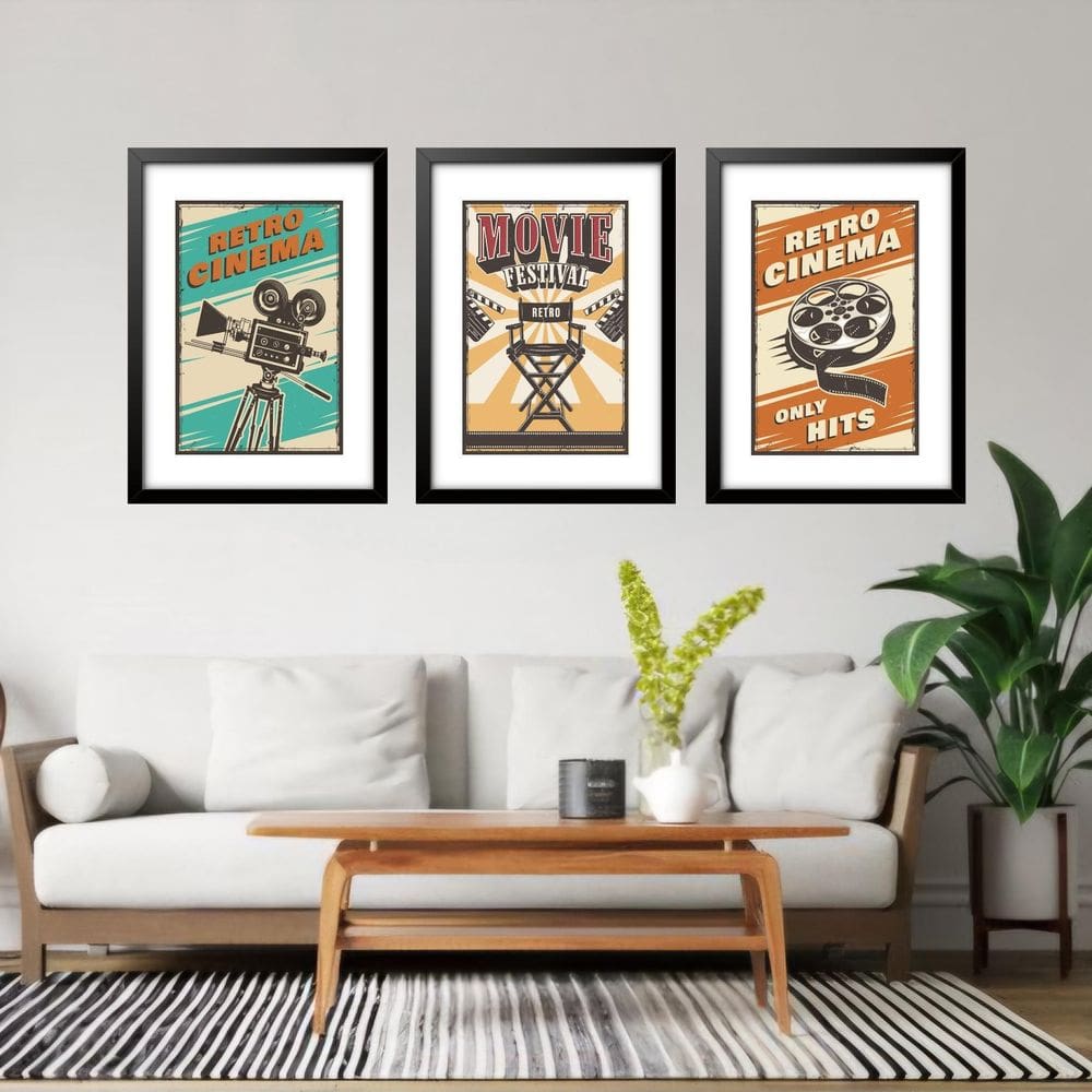 Kit 3 Quadros Grandes Retro Cinema 60X48Cm