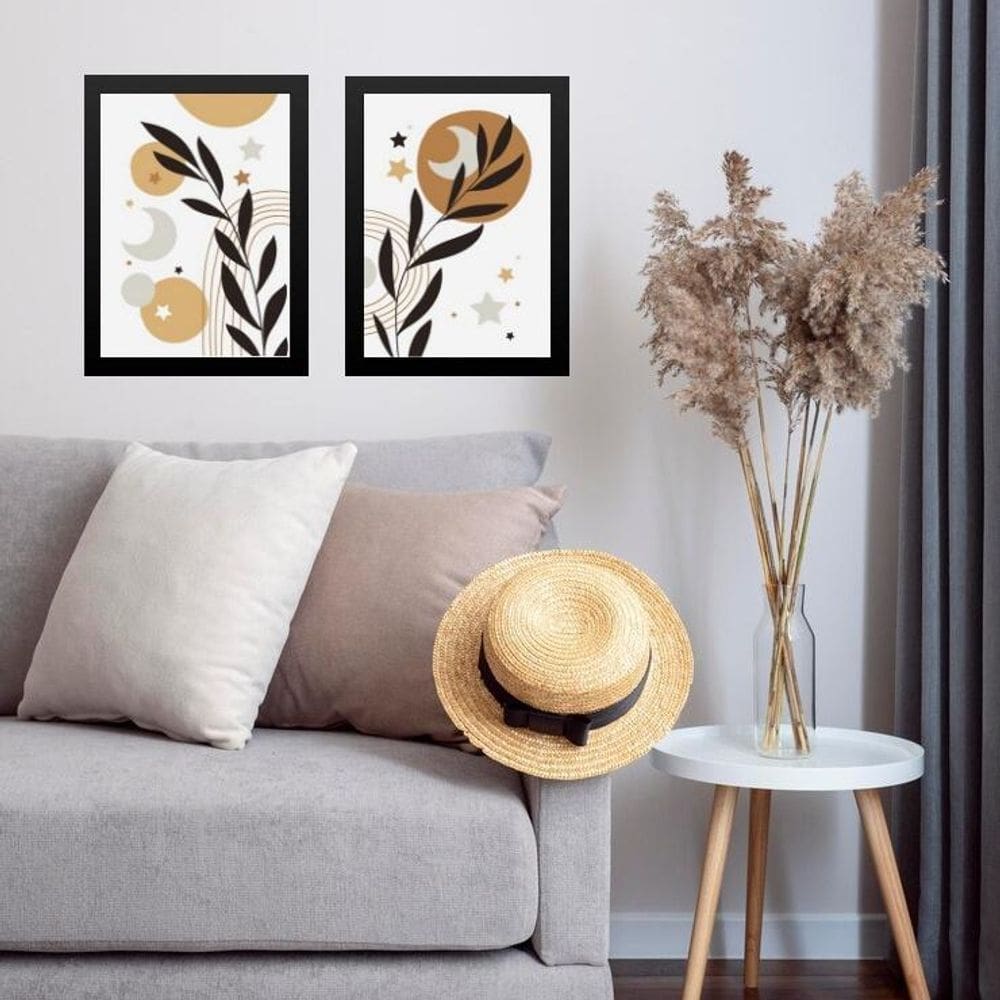 Kit 2 Quadros Sala Boho - Folha Lua Estrela 33X24Cm - Vidro