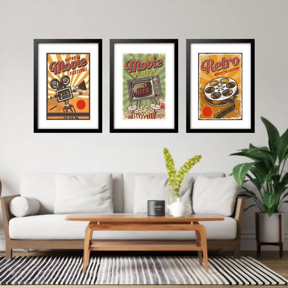 Kit 3 Quadros Grandes Cinema Retrô 60X48Cm