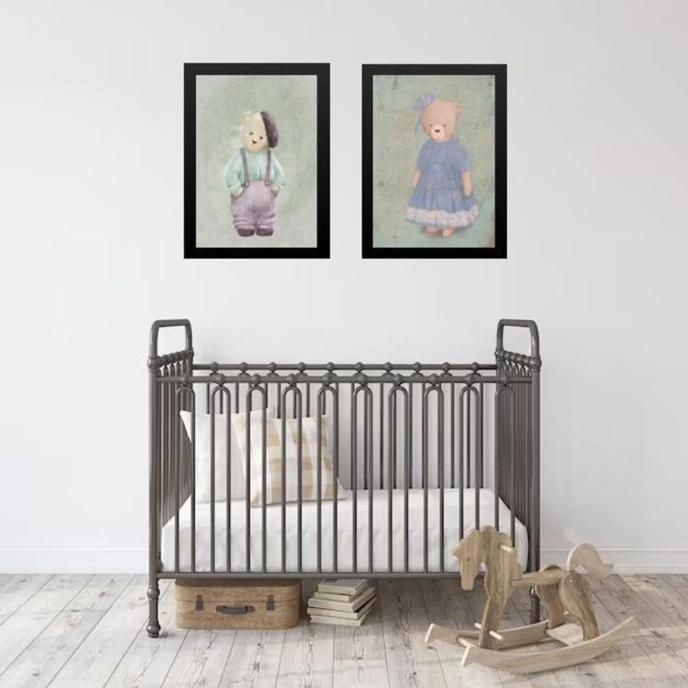 Kit 2 Quadros Infantis Ursinhos Clássicos Vintage 33X24Cm