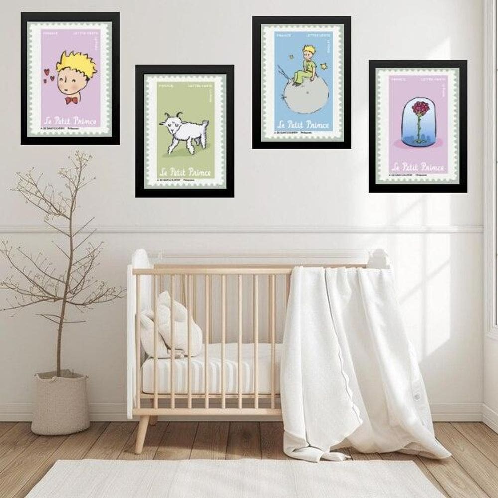 Kit 4 Quadros Quarto Infantil Pequeno Príncipe 33X24Cm Vidro