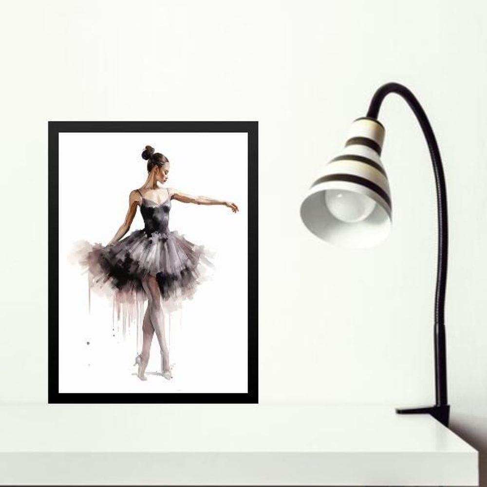 Quadro Bailarina Preta- Aquarela 33X24Cm - Com Vidro