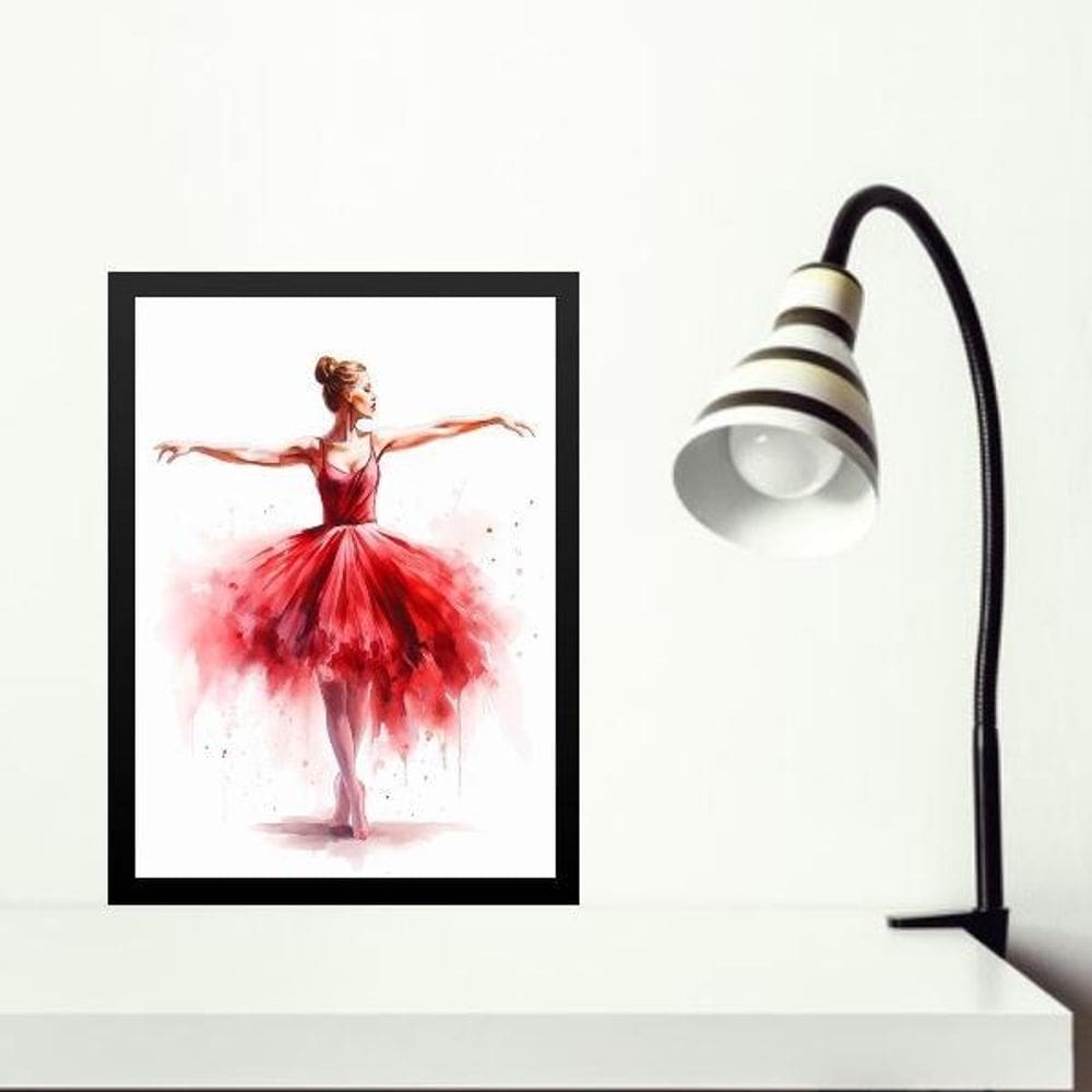 Quadro Bailarina Vermelha - Aquarela 45X34Cm - Com Vidro