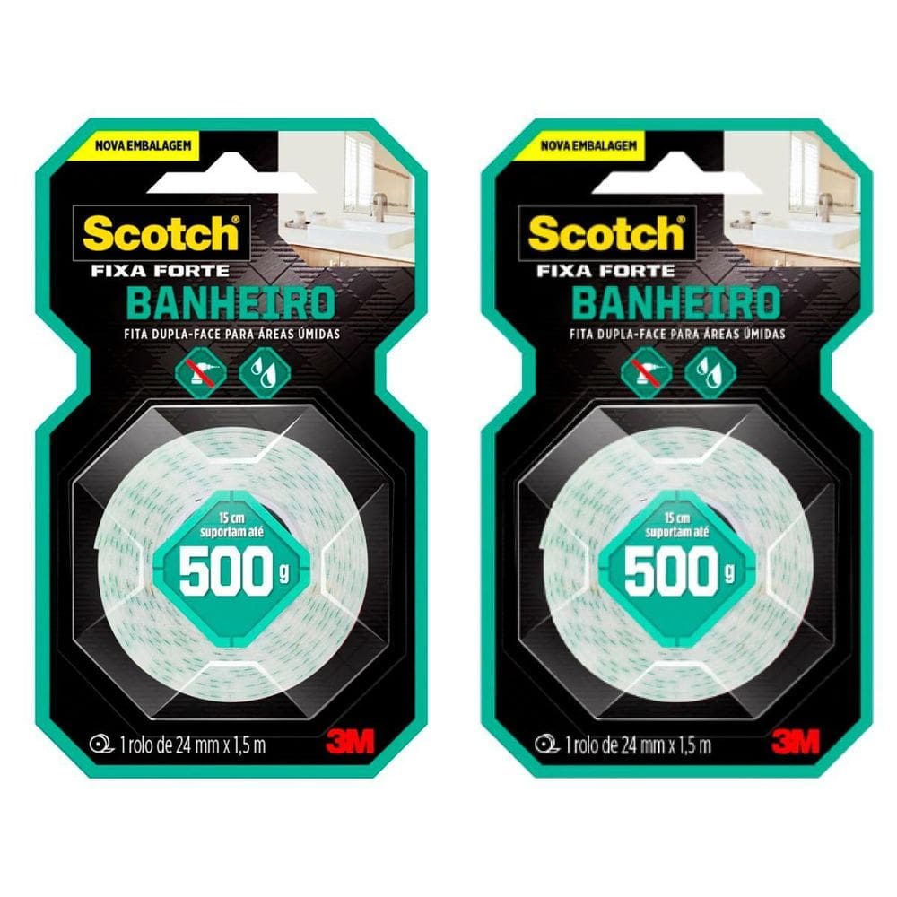 Kit2 Fita Dupla Face 3M Scotch Fixa Forte Banheiro 24 1,5 M
