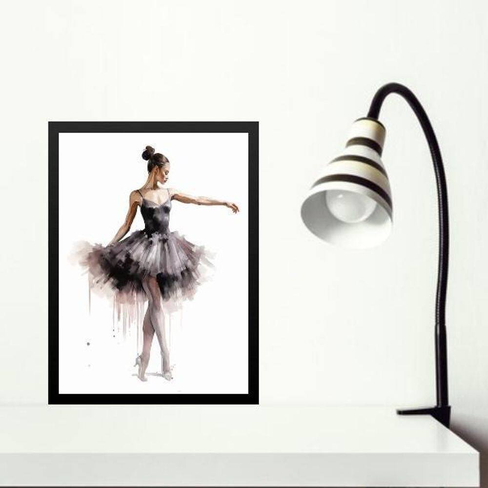 Quadro Bailarina Preta- Aquarela 33X24Cm - Com Vidro