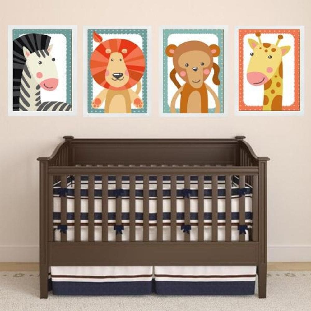 Kit 4 Quadros Infantis Bichinhos Do Safari 45X34Cm - Vidro