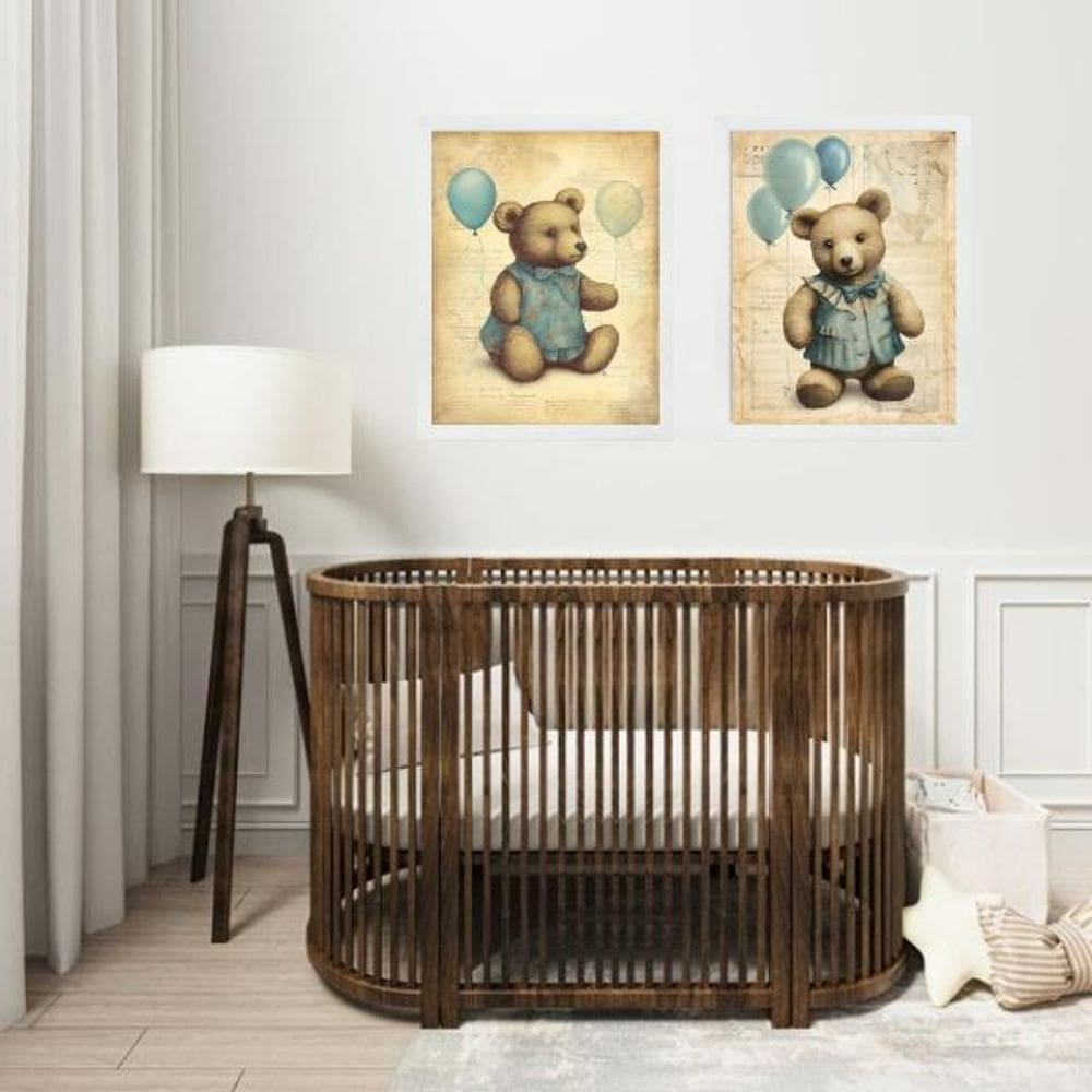 Kit 2 Quadros Infantis Ursos Vintage - Balões 45X34Cm Vidro