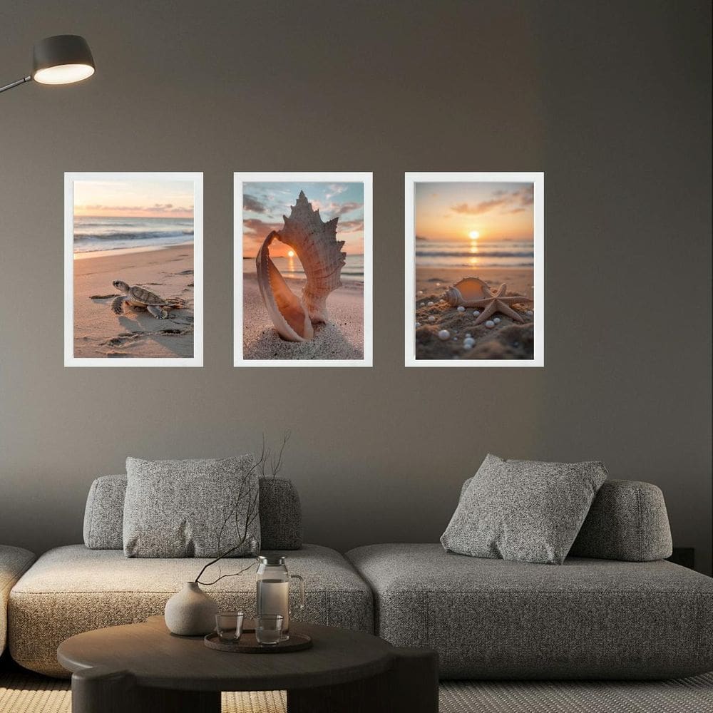 Kit 3 Quadros Praia Por Do Sol Conchas Tartaruga 33X24Cm