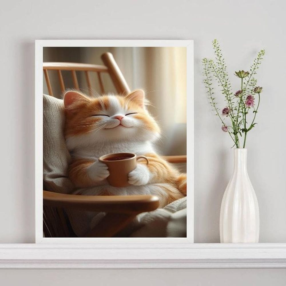 Quadro Gatinho Baby Com Xícara De Chá Café 33X24Cm - Vidro