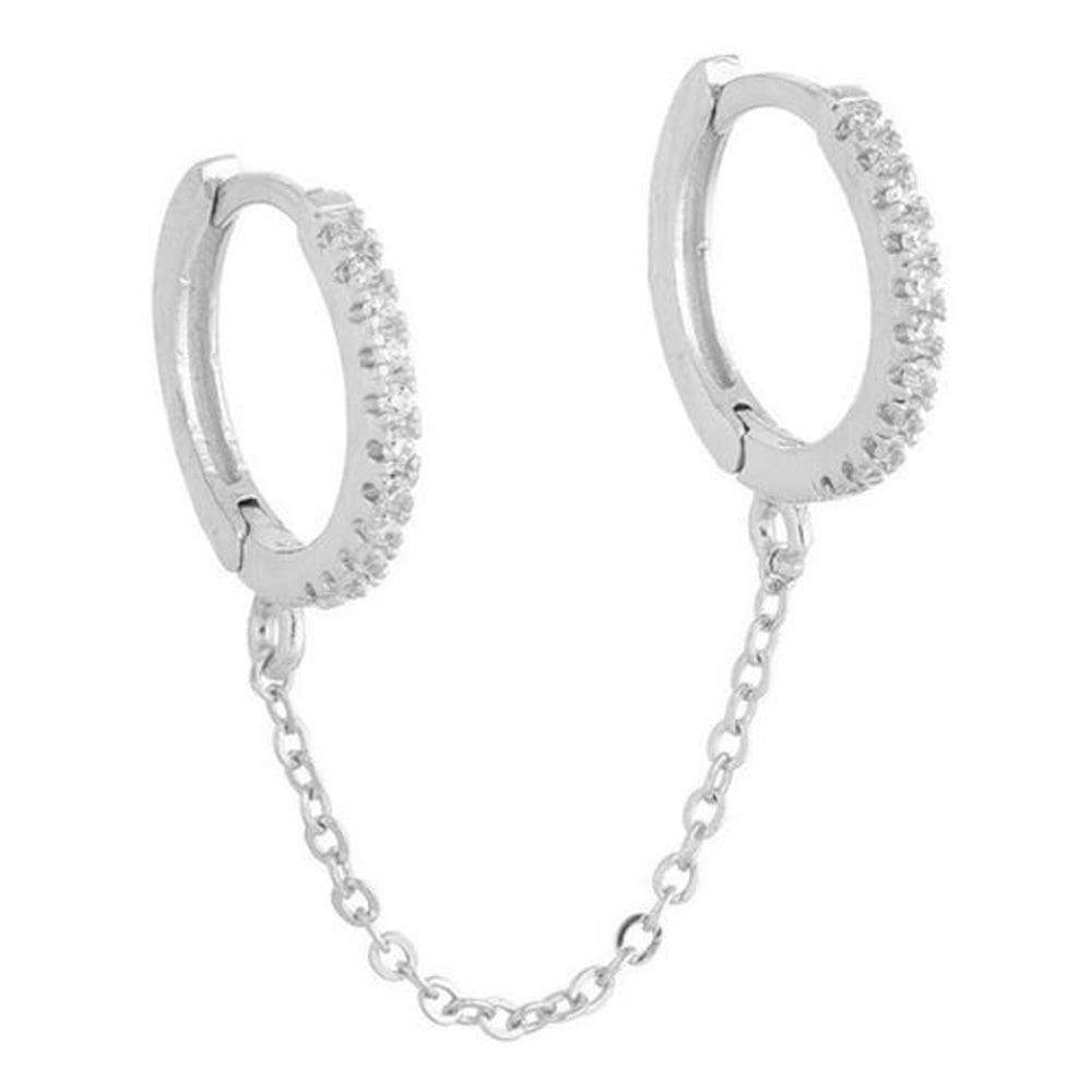 Brinco Argola Dupla Com Corrente E Pedra Zircônia Prata 9 Mm