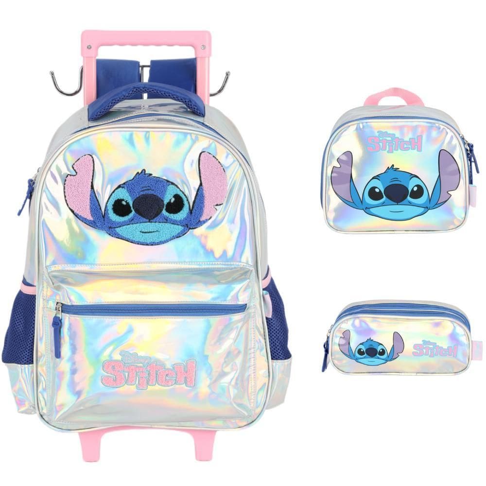 Kit Mochila Rodinhas Holográfica Stitch Disney Luxcel