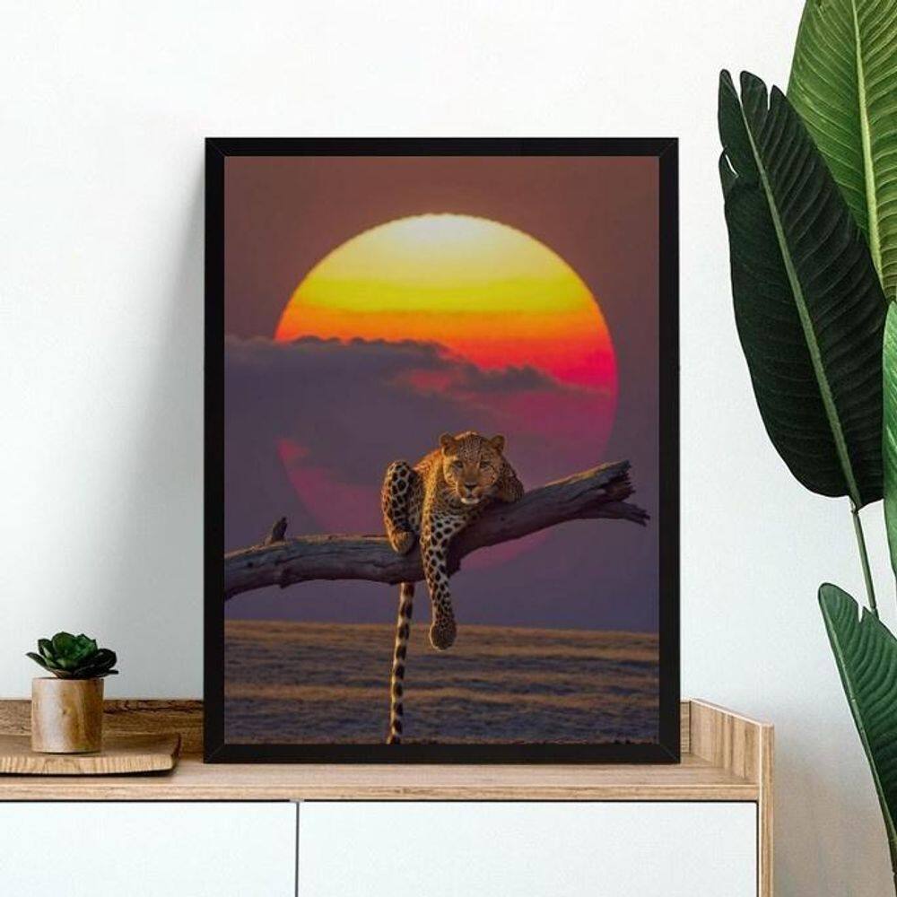 Quadro Decorativo Onça Paisagem Por Do Sol 45X34Cm - Vidro