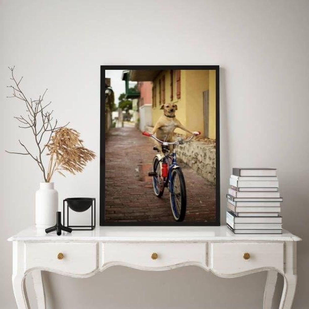 Quadro Decorativo Cachorro Caramelo Na Bicicleta 33X24Cm
